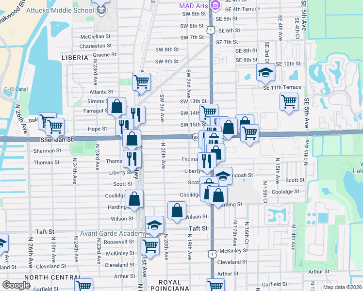 map of restaurants, bars, coffee shops, grocery stores, and more near 1936 Sherman Street in Hollywood