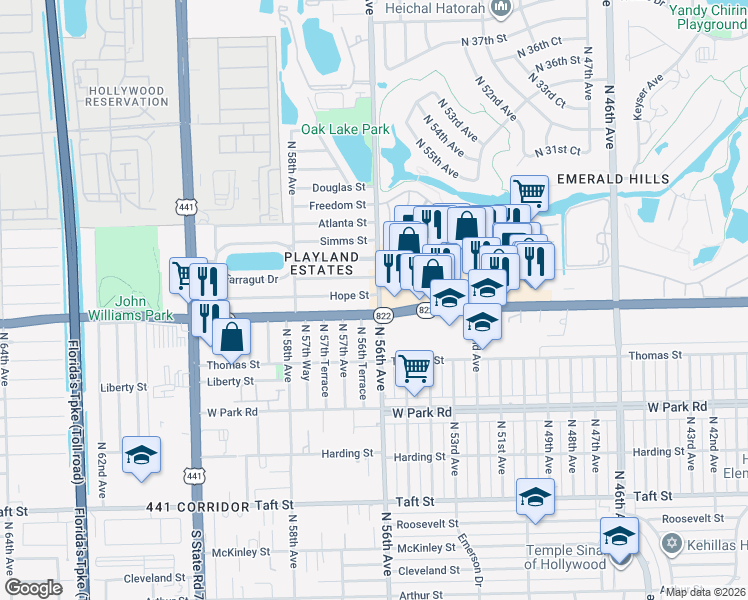 map of restaurants, bars, coffee shops, grocery stores, and more near 5601 Sheridan Street in Hollywood