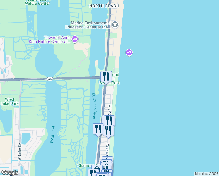 map of restaurants, bars, coffee shops, grocery stores, and more near 3415 North Ocean Drive in Hollywood