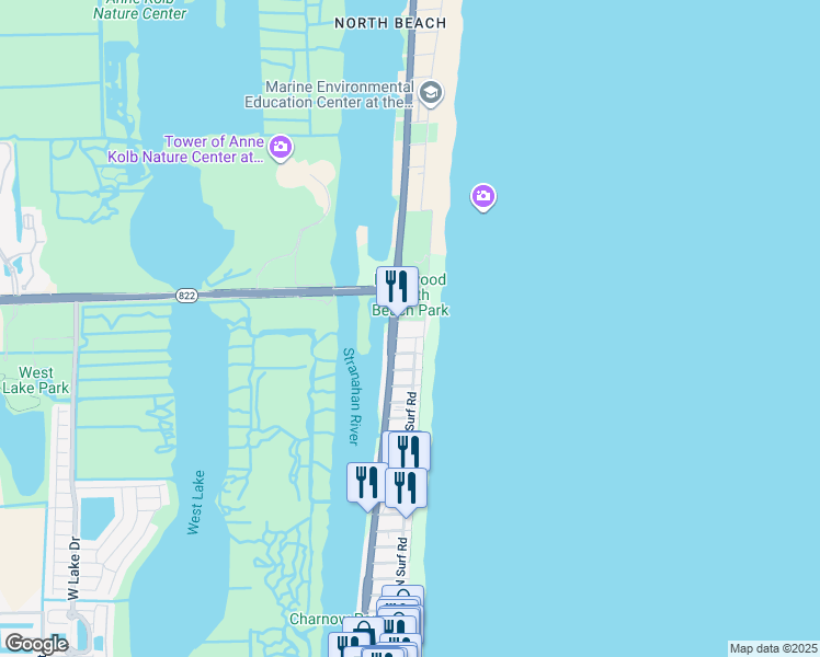 map of restaurants, bars, coffee shops, grocery stores, and more near 3415 North Ocean Drive in Hollywood