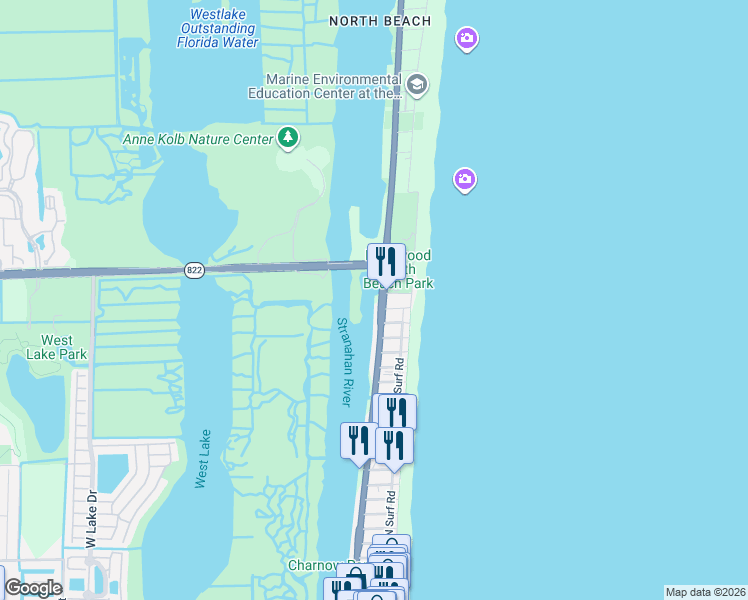 map of restaurants, bars, coffee shops, grocery stores, and more near 3418 North Ocean Drive in Hollywood