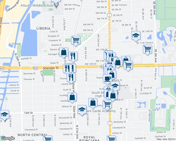map of restaurants, bars, coffee shops, grocery stores, and more near 2017 Sherman Street in Hollywood