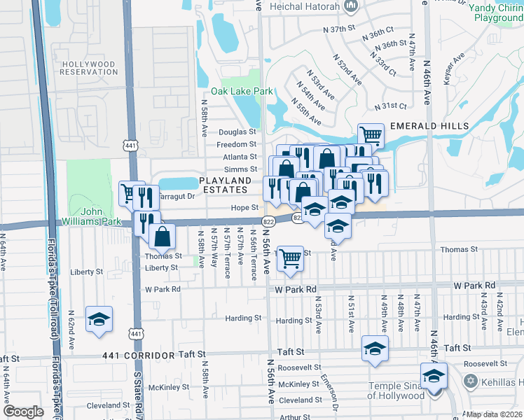map of restaurants, bars, coffee shops, grocery stores, and more near 5601 Sheridan Street in Hollywood