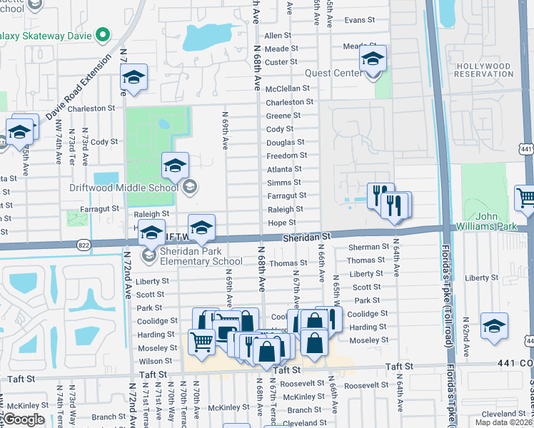 map of restaurants, bars, coffee shops, grocery stores, and more near 6791 Hope Street in Hollywood