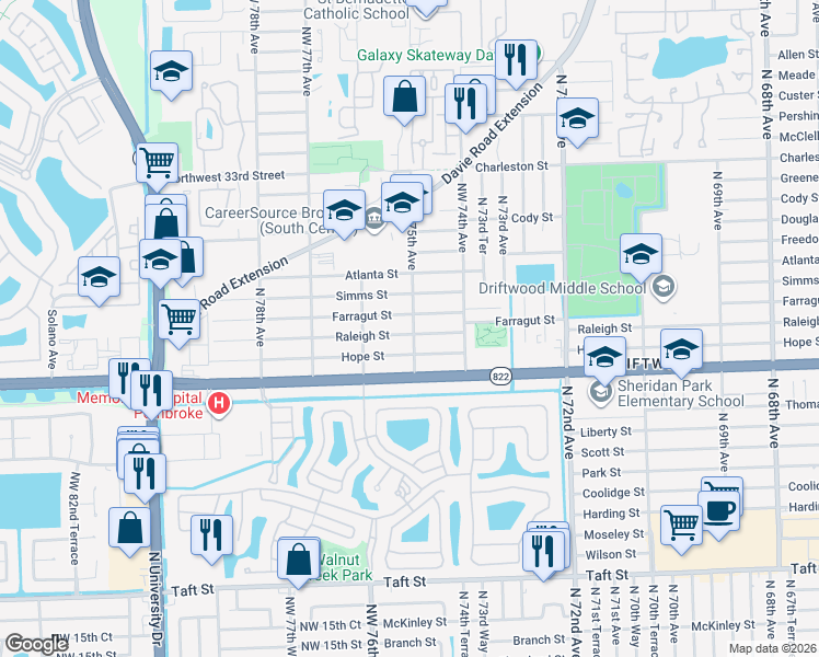 map of restaurants, bars, coffee shops, grocery stores, and more near 7540 Raleigh Street in Hollywood