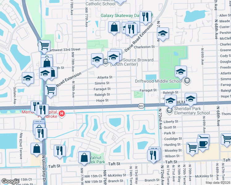 map of restaurants, bars, coffee shops, grocery stores, and more near 7540 Raleigh Street in Hollywood