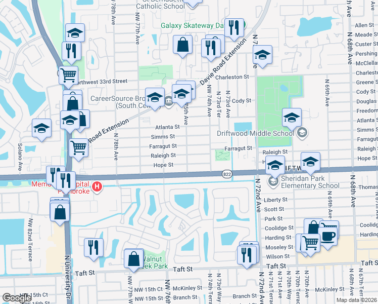 map of restaurants, bars, coffee shops, grocery stores, and more near 7470 Raleigh Street in Hollywood