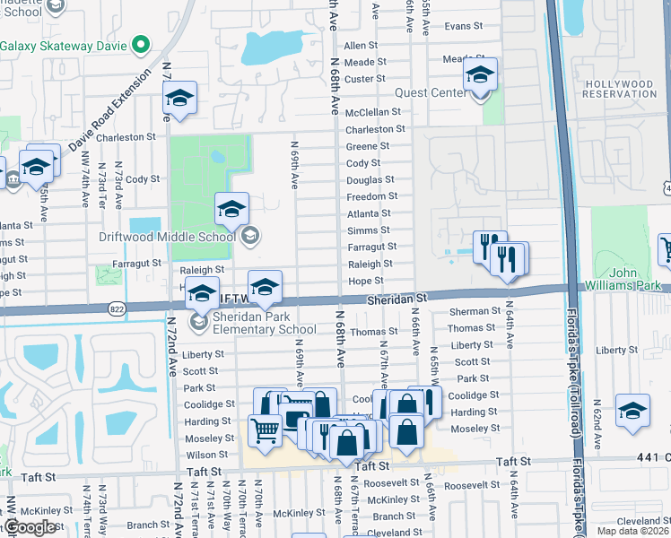 map of restaurants, bars, coffee shops, grocery stores, and more near 6791 Hope Street in Hollywood