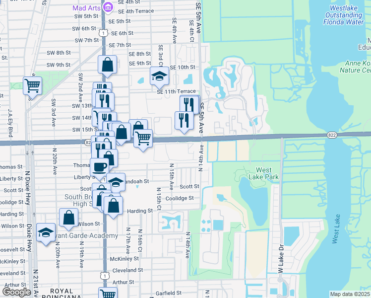 map of restaurants, bars, coffee shops, grocery stores, and more near 1400 Sheridan Street in Hollywood