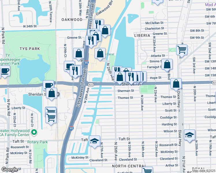 map of restaurants, bars, coffee shops, grocery stores, and more near 2611 Sherman Street in Hollywood