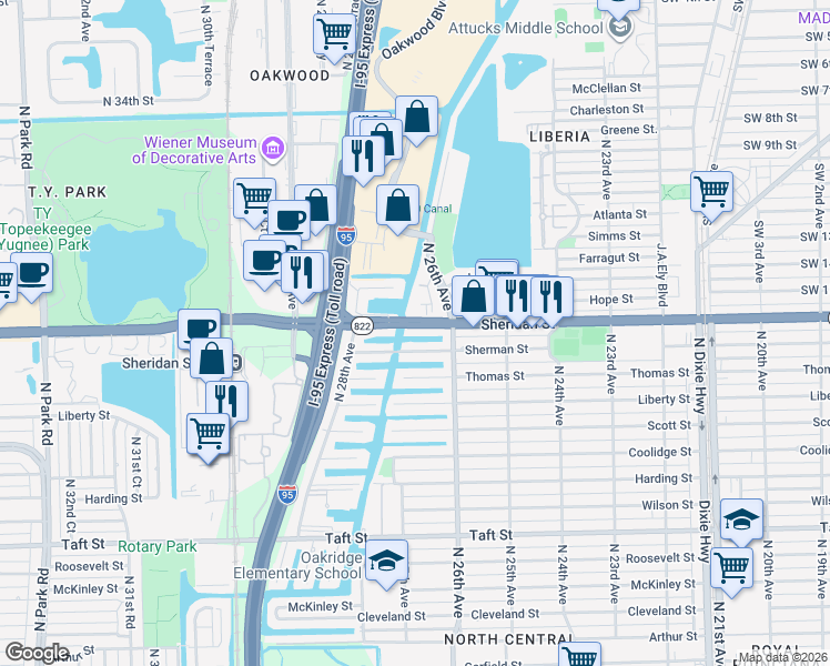 map of restaurants, bars, coffee shops, grocery stores, and more near 2647 Sherman Street in Hollywood