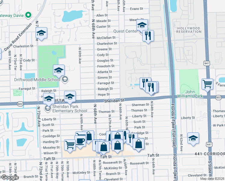 map of restaurants, bars, coffee shops, grocery stores, and more near 6616 Hope Street in Hollywood