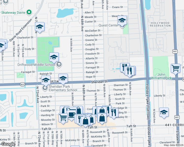 map of restaurants, bars, coffee shops, grocery stores, and more near 6721 Hope Street in Hollywood