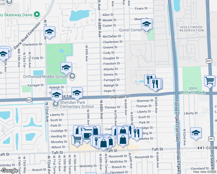 map of restaurants, bars, coffee shops, grocery stores, and more near 6721 Hope Street in Hollywood