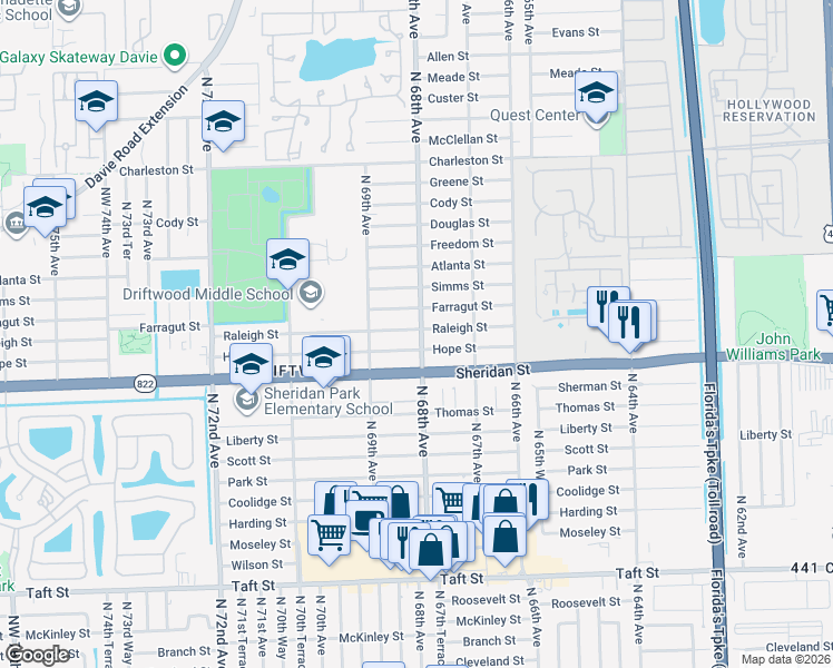 map of restaurants, bars, coffee shops, grocery stores, and more near 6791 Hope Street in Hollywood