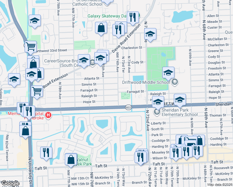 map of restaurants, bars, coffee shops, grocery stores, and more near 2610 Northwest 74th Avenue in Hollywood