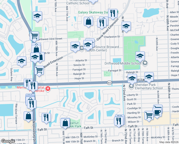 map of restaurants, bars, coffee shops, grocery stores, and more near 7540 Raleigh Street in Hollywood