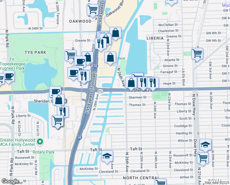 map of restaurants, bars, coffee shops, grocery stores, and more near 2647 Sherman Street in Hollywood