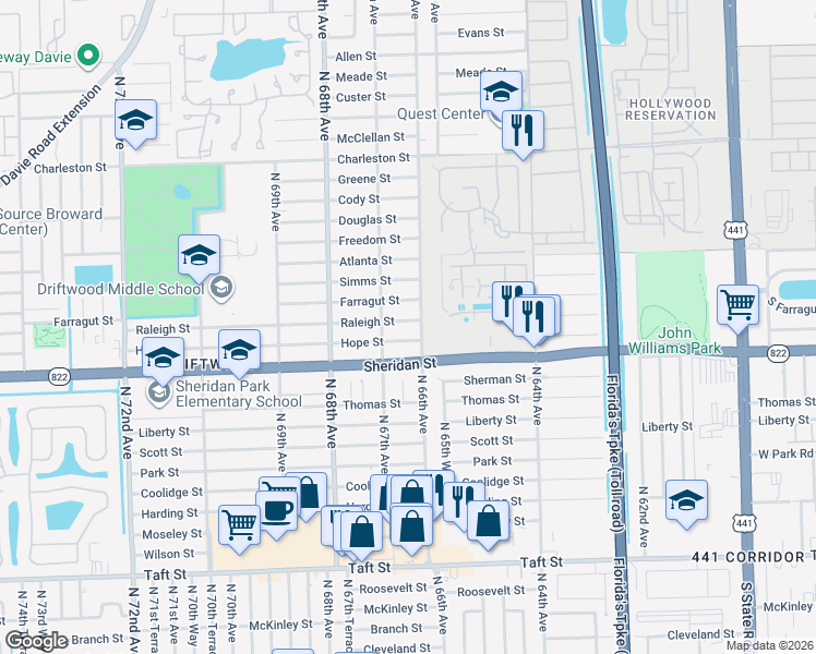 map of restaurants, bars, coffee shops, grocery stores, and more near 6616 Hope Street in Hollywood