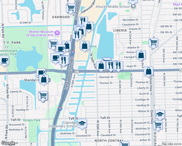 map of restaurants, bars, coffee shops, grocery stores, and more near 2611 Sherman Street in Hollywood