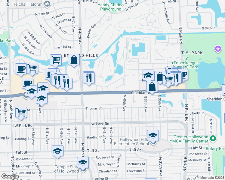 map of restaurants, bars, coffee shops, grocery stores, and more near 4200 Sheridan Street in Hollywood