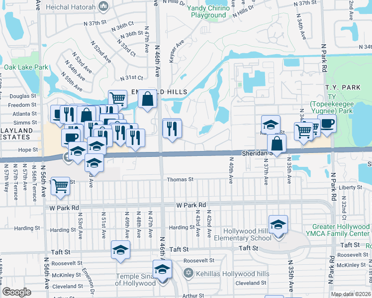 map of restaurants, bars, coffee shops, grocery stores, and more near 4440 Sheridan Street in Hollywood