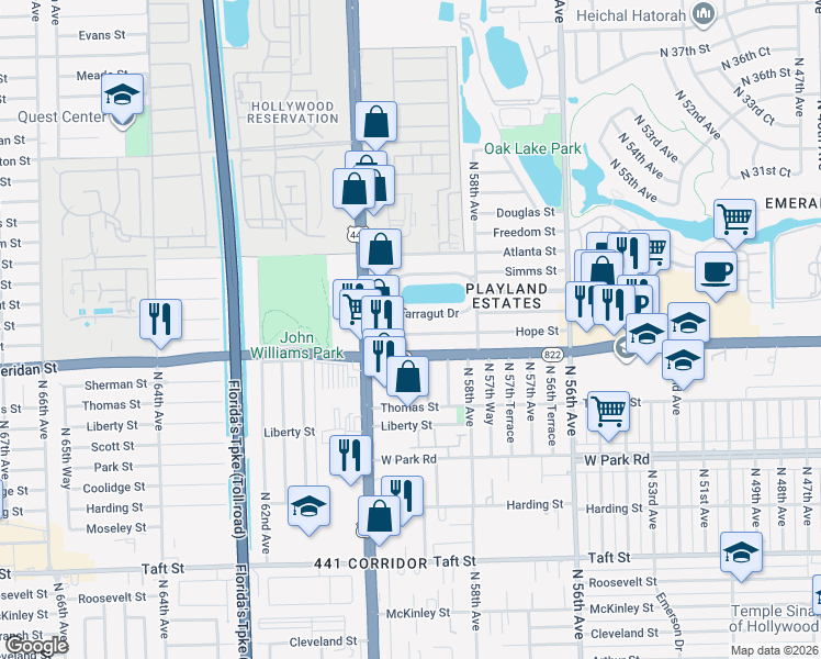map of restaurants, bars, coffee shops, grocery stores, and more near 5921 Sheridan Street in Hollywood