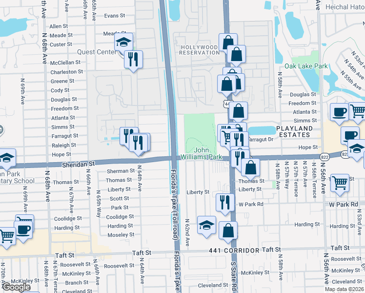 map of restaurants, bars, coffee shops, grocery stores, and more near 2530 North 62nd Avenue in Hollywood