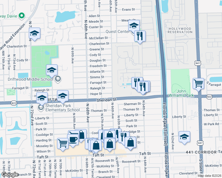 map of restaurants, bars, coffee shops, grocery stores, and more near 6616 Hope Street in Hollywood