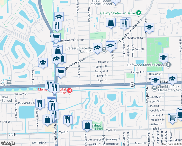 map of restaurants, bars, coffee shops, grocery stores, and more near 7690 Raleigh Street in Hollywood