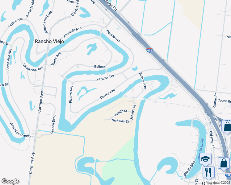 map of restaurants, bars, coffee shops, grocery stores, and more near 61 Cortez Avenue in Rancho Viejo