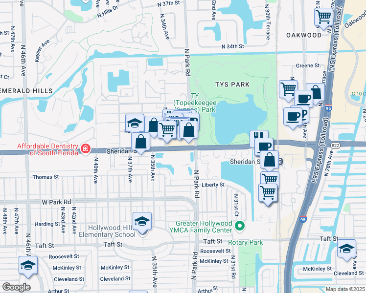 map of restaurants, bars, coffee shops, grocery stores, and more near 3347 Sheridan Street in Hollywood