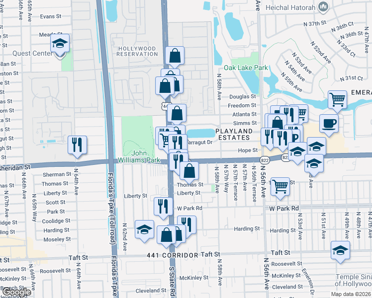 map of restaurants, bars, coffee shops, grocery stores, and more near 5921 Sheridan Street in Hollywood