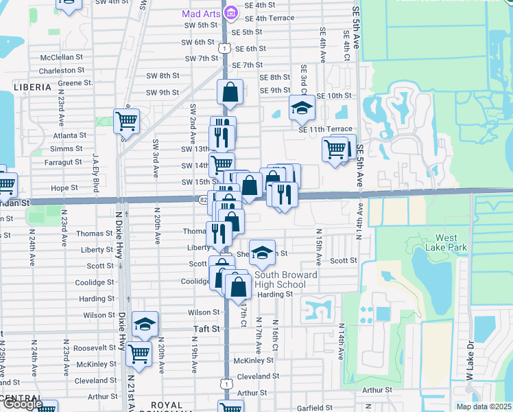 map of restaurants, bars, coffee shops, grocery stores, and more near 1610 Sheridan Street in Hollywood