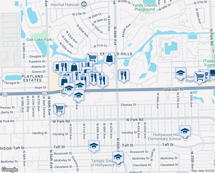 map of restaurants, bars, coffee shops, grocery stores, and more near 4700 Sheridan Street in Hollywood