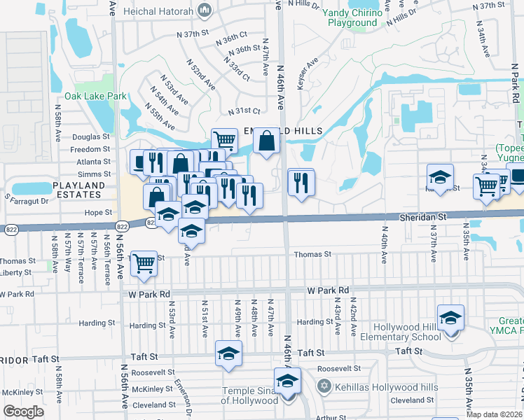 map of restaurants, bars, coffee shops, grocery stores, and more near 4651 Sheridan Street in Hollywood