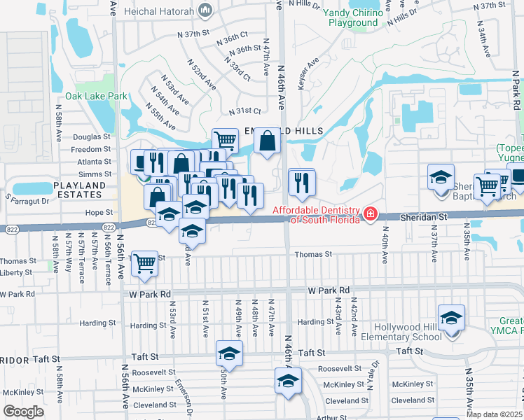 map of restaurants, bars, coffee shops, grocery stores, and more near 4651 Sheridan Street in Hollywood