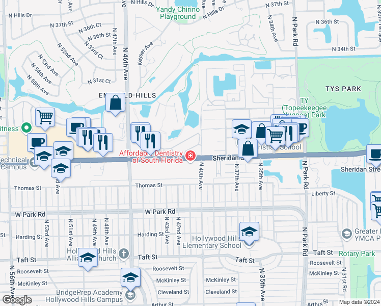 map of restaurants, bars, coffee shops, grocery stores, and more near 4200 Sheridan Street in Hollywood