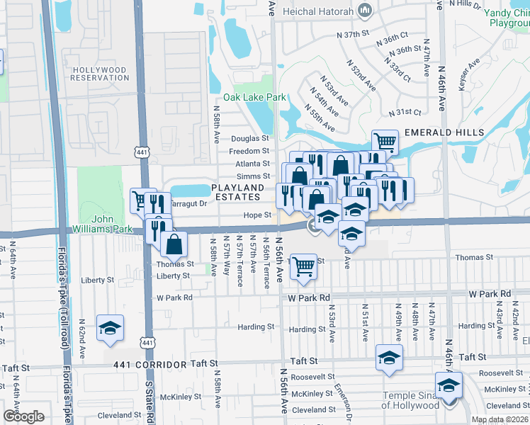 map of restaurants, bars, coffee shops, grocery stores, and more near 5601 Sheridan Street in Hollywood