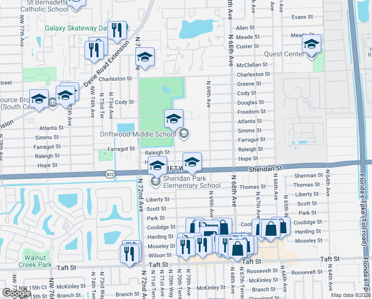 map of restaurants, bars, coffee shops, grocery stores, and more near 7031 Hope Street in Hollywood
