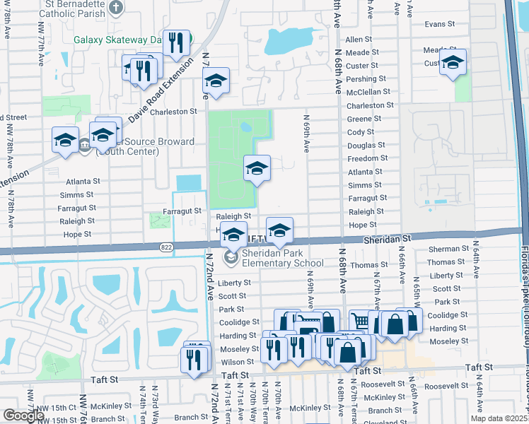map of restaurants, bars, coffee shops, grocery stores, and more near 7031 Hope Street in Hollywood