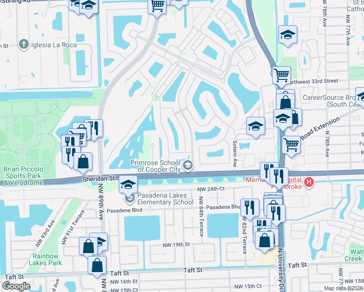map of restaurants, bars, coffee shops, grocery stores, and more near 8462 Northwest 27th Street in Pembroke Pines