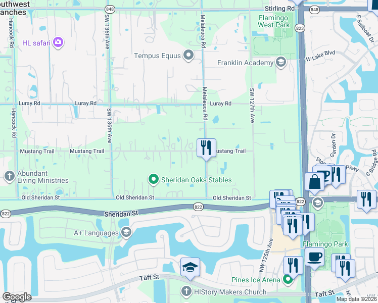 map of restaurants, bars, coffee shops, grocery stores, and more near 13100 Mustang Trail in Southwest Ranches