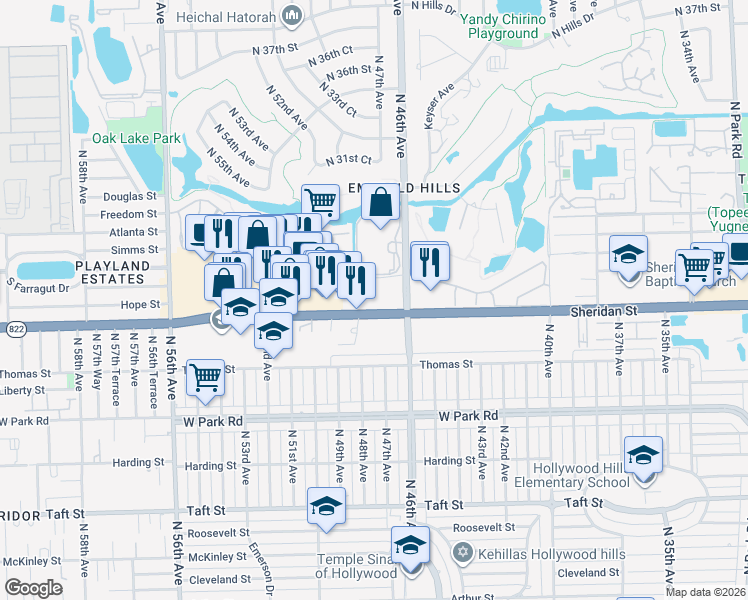 map of restaurants, bars, coffee shops, grocery stores, and more near 4651 Sheridan Street in Hollywood