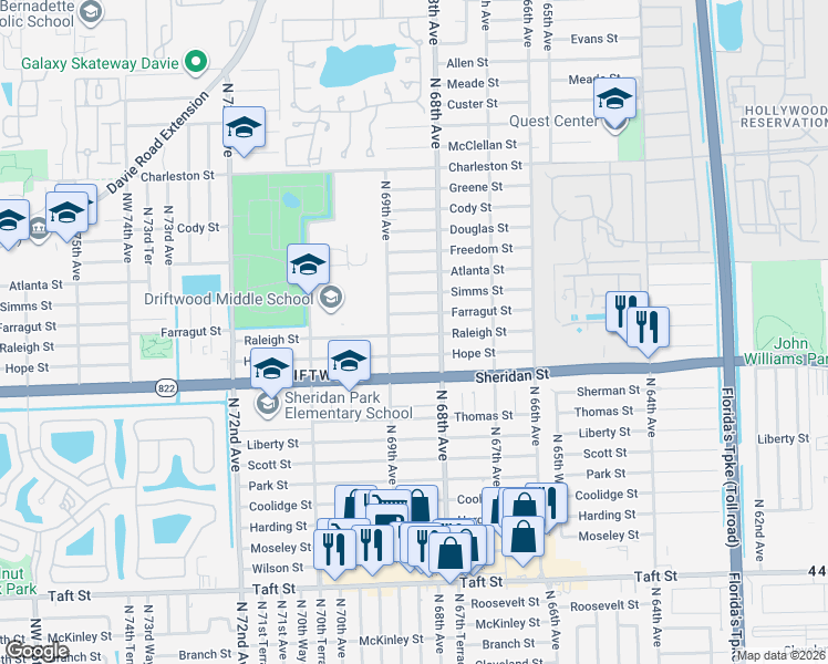 map of restaurants, bars, coffee shops, grocery stores, and more near 6871 Hope Street in Hollywood