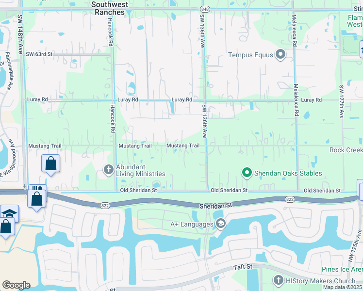 map of restaurants, bars, coffee shops, grocery stores, and more near Mustang Trail in Southwest Ranches