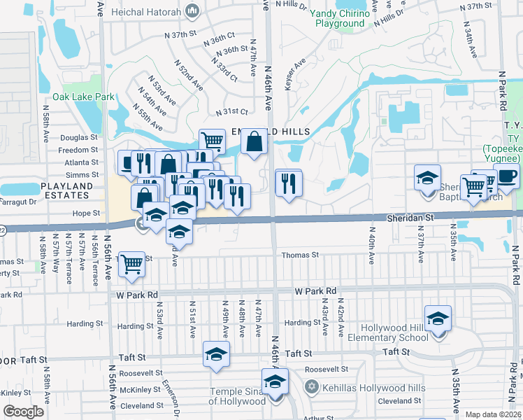 map of restaurants, bars, coffee shops, grocery stores, and more near 4651 Sheridan Street in Hollywood