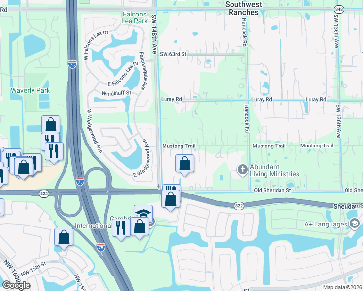 map of restaurants, bars, coffee shops, grocery stores, and more near 14631 Mustang Trail in Southwest Ranches