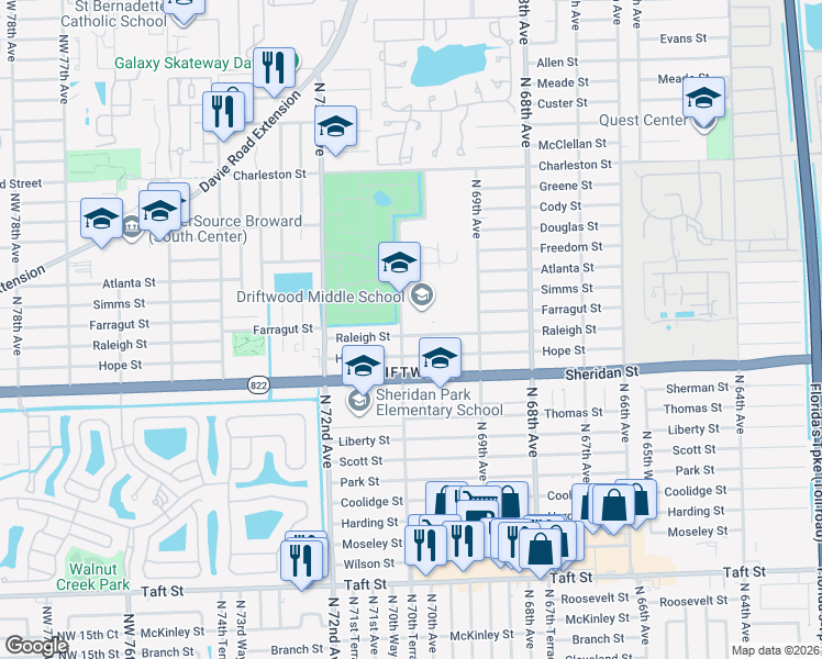 map of restaurants, bars, coffee shops, grocery stores, and more near 7031 Hope Street in Hollywood