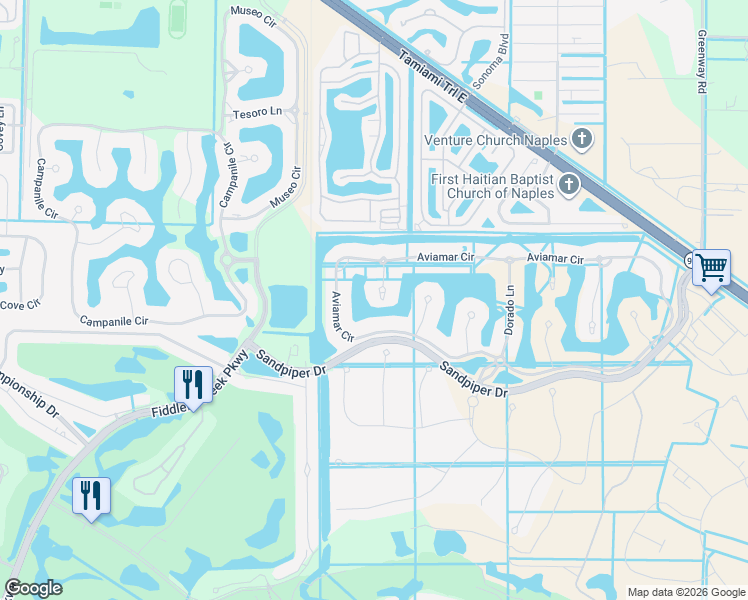 map of restaurants, bars, coffee shops, grocery stores, and more near 3149 Aviamar Circle in Naples